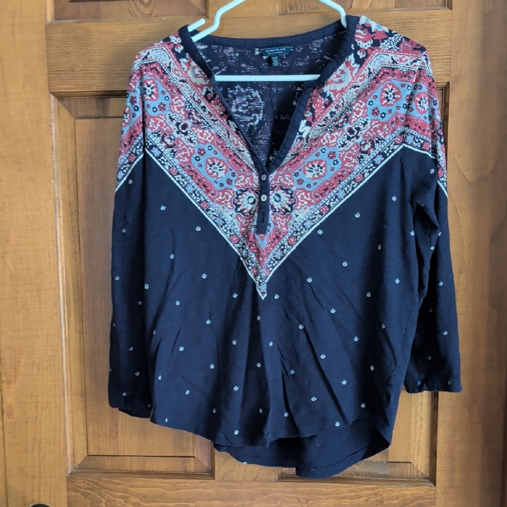 Lucky Brand Black Henley Top with Red Paisley V-Panel